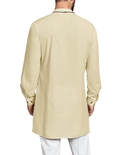 Gafeng Mens Kaftan Thobe Long Sleeve Robe Gown Casual Cotton Linen Button Muslim Shirt - color: Beige, size: Medium