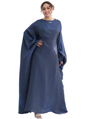 Dubai Bat Sleeve Dress Shiny Robe for Women Muslim 1pc Abaya Eid Prayer Clothes Soft Dubai Travel Party Dress Maxi Abaya - color: Navya, size: Large