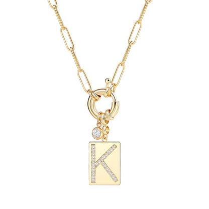 Mint & Lily Gold Initial Necklace for Women – 18K Gold Plated 24” Paperclip Chain with Sparkling Letter Pendant - style: Letter: K