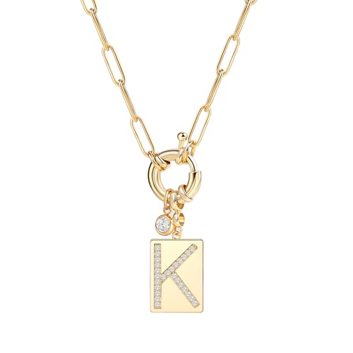 Mint & Lily Gold Initial Necklace for Women – 18K Gold Plated 24” Paperclip Chain with Sparkling Letter Pendant - style: Letter: K