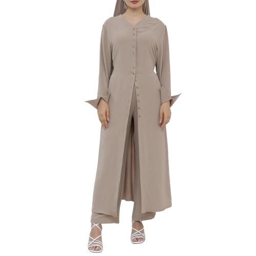 Women's Muslim 2 Pieces Sets Long Sleeve Button Down Shirt and Pants Eid Ramadan Abaya Casual Dress Dubai Outfits - color: Khaki, size: X-Large-XX-Large