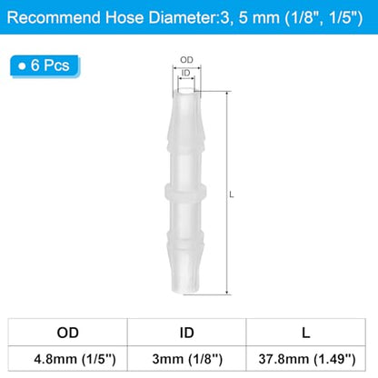 PATIKIL 1/8" - 1/5" 6 Pcs Plastic Hose Barb Fittings, Reducer Tube Fittings Pipe Adapter Union Splicer Joint Kit for Air Gas Water System Liquid Fuel Line Aquarium Tube Pump - size: 1/8"-1/5",(0.3"x1.49")