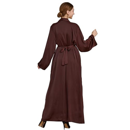 Islamic Abaya Dress for Women Muslim Maxi Abayas 2pcs Silky Fashion Dress Set Daily Kaftan Jilbab Outfit Women Eid Robe - color: Browna, size: X-Large