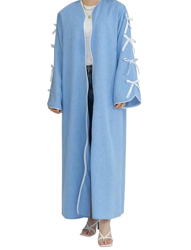 ODIZLI Women's Eid Abaya Dresses Long Sleeve Open Front Pearl Bowknot Prayer Dress Ramadan Cardigan Dubai Kaftan - color: Blue, size: Medium