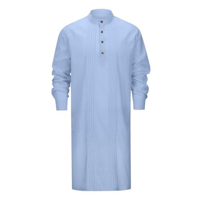 Men's Long Sleeve Stand Collar Kaftan Thobe Button Down Henley Robe Casual Side Slit Front Pleated Gown Shirt Tops - color: Light Blue, size: Small