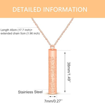 Spiritual Muslim Cylinder Necklaces - Stainless Steel Arabic Quran engraved Pendant Necklace for Men Women YA5082 - color: Rose Gold