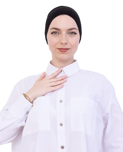 Prien Women Cotton Hijab Cap, Stretchy Head Cover, Pre-Sewn Inner Muslim Scarf Undercap, Non Slip Headband for Daily Wear - color: Black