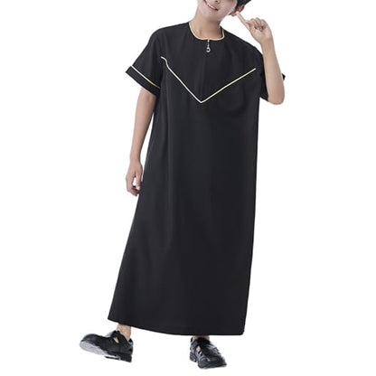 Boys Short Sleeve Muslim Thobes Islamic Kids Half Zipper Eid Traditional Prayer Kaftan Thobes Toddler Abaya Clothes - color: Black, size: 9-10 Years