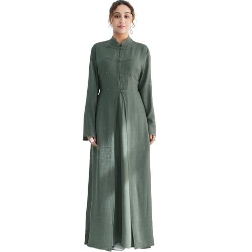Lenmipot Elegant Middle Eastern Abaya 2pcs Stand Collar Maxi Dress for Women Muslim Jilbab Kaftan Eid Dubai Abaya Outfits - color: Grayish Greena, size: Medium