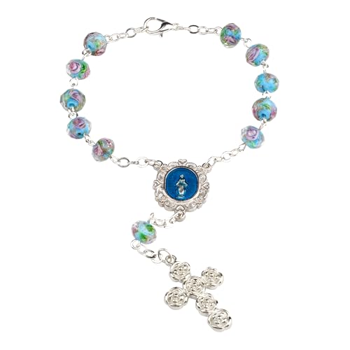8mm Murano Rose Beads Catholic Virgin Mary Car Rosary for Rearview Mirror with Gift Box - color: Lake Blue