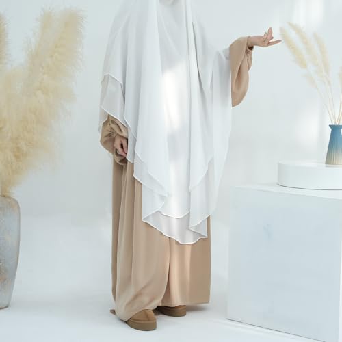 SYANKANGXIAO Ramadan Eid Khimar Abaya Turkey Islam Muslim Chiffon 2 Layers Long Hijab Dress Prayer for Women Full Cover Robe - color: White