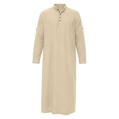 Men's Linen Kaftan Robe Button Down Long Sleeve Henley Collar Cotton Thobe Casual Loose Fit Stylish Gown Shirts - color: Khaki, size: Small