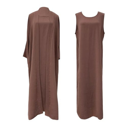2PCS Women's Muslim Dresses Abaya Islamic Dubai Prayer Dress Robe Long Cardigan Maxi Dress - color: Coffee, size: Medium