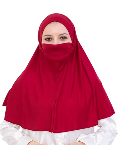 Prien Easy To Wear Hijab For Women, Muslim Instant Turban With Niqab, Islamic Clothes, Soft Scarf For Prayer, Abaya, Khimar - color: Burgundy
