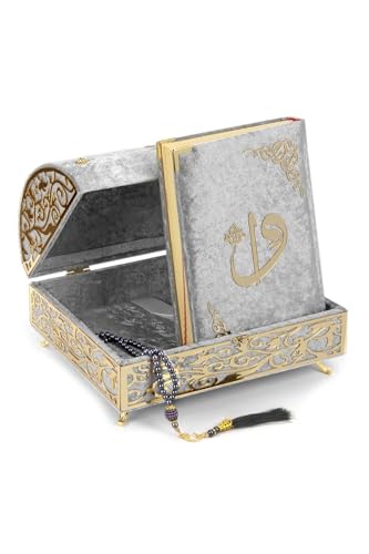 Velvet Cover Quran Set with Treasure Chest Gray Arabic Text Normal Size