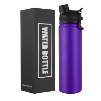 Insulated Water Bottle 24oz, Stainless Steel Double Wall Vacuum Sports Flask with 2-in-1 Straw & Chug Lid, BPA-Free, Leak Proof, Keeps Cold 24H for Travel Gym School - color: Purple 750