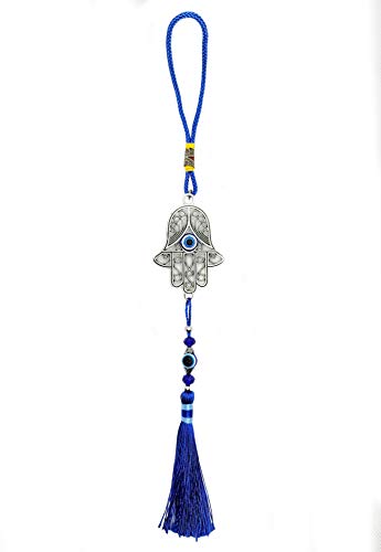 LUCKBOOSTIUM Metallic Silver Hamsa Hand Amulet with Evil Eye & Blue Tassel - color: Metallic Silver Hamsa Hand