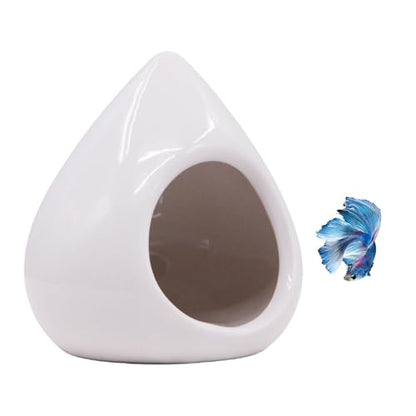 Saim Aquarium Ceramic Teardrop Shape Pleco Cave Ornament Fish Tank Landscape Decor Betta Accessories for Small Shrimp to Rest and Breed, Hiding for 5 Gallon Tanks - White