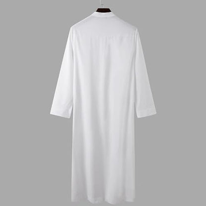Men’s Muslim Islamic Thobe Robe Kaftan Long Sleeve Jubba Arabic Dubai Ethnic Prayer Gown with Pocket A19 - color: White, size: Large