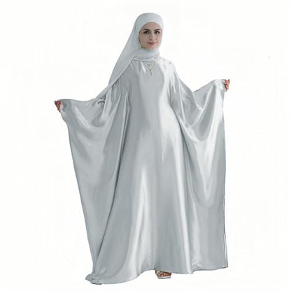 Abaya Muslim Women Dress Satin Batwing Sleeve Kaftan Maxi Arabian Dubai Islamic Ramadan Prayer Dress with Hijab Scarf - color: Grey