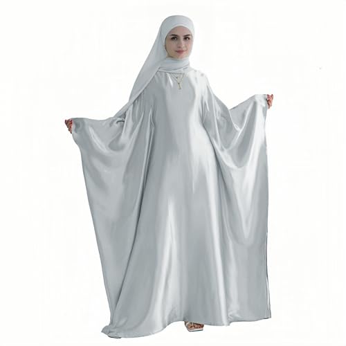Abaya Muslim Women Dress Satin Batwing Sleeve Kaftan Maxi Arabian Dubai Islamic Ramadan Prayer Dress with Hijab Scarf - color: Grey