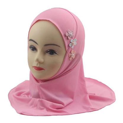 Girls Muslim Hijab Arab Scarf Islamic Headscarf for Kids with 3 Flowers - color: Pink-3 Flowers
