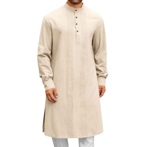 Men's Long Sleeve Stand Collar Kaftan Thobe Button Down Henley Robe Casual Side Slit Front Pleated Gown Shirt Tops - color: Khaki, size: Small
