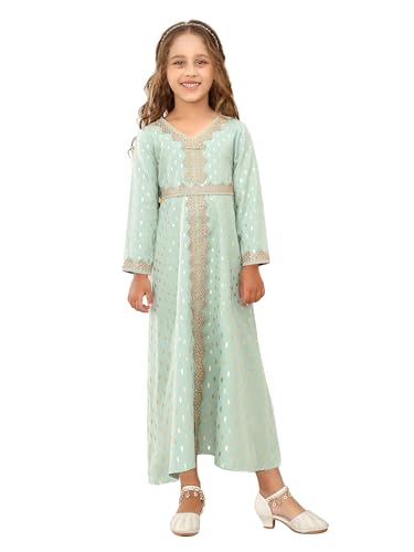 ABAO SISTER Girls Muslim Ramadan Abaya Kids Long Sleeve V Neck Prayer Dress Middle East Arabic Dubai Attire Kaftan Dress - color: Green, size: 2