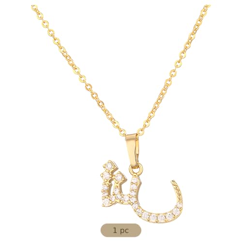 Pendant Necklace for Women, Gold Tone Arabic Letter Pendant with Zircon, 19.7 in Chain, 0.6 x 0.4 in Initial Necklace, Copper Jewelry for Daily Wear, Birthday Present
