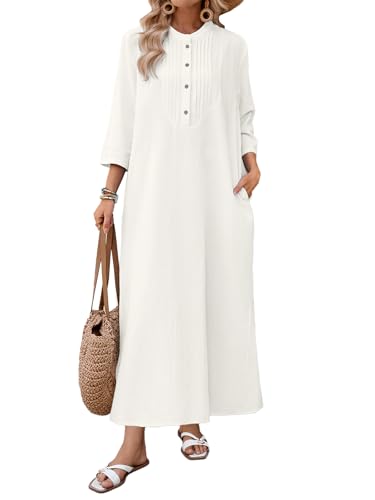 Celmia Autumn Solid Loose Long Maxi Dress Cotton Caftan - color: Pleated White, size: Small