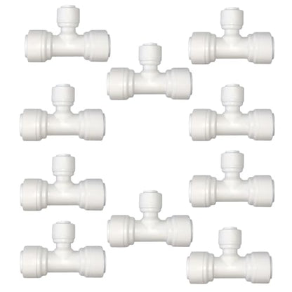 10 PCS 3/8" x 3/8" x 1/4" Push Fit T-Shaped 3-Way Tube Connector, Plastic Quick Connect Fittings for RO Water Purification System, Reverse Osmosis, Water Filters (White) - style: 3/8"-1/4"-3/8" T connect(10)