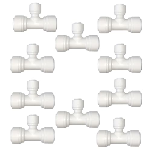 10 PCS 3/8" x 3/8" x 1/4" Push Fit T-Shaped 3-Way Tube Connector, Plastic Quick Connect Fittings for RO Water Purification System, Reverse Osmosis, Water Filters (White) - style: 3/8"-1/4"-3/8" T connect(10)