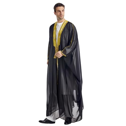 Muslim Thobe for Men Kaftan Robe Ramadan Abaya Prayer Dress Chiffon Open Front Embroidered Cardigan Islam Dubai Thobe Kimono - color: Black, size: Medium