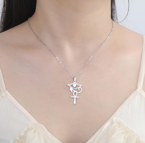 Ankh Cross Y Necklace Key of Life Eye of Horus Pendant Cartouche Long Chain Protection African Coptic Amulet Ancient Egyptian Religious Jewelry Gift for Women Men - color: Ankh Cross Eye of Horus silver 2