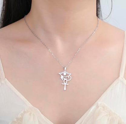 Ankh Cross Y Necklace Key of Life Eye of Horus Pendant Cartouche Long Chain Protection African Coptic Amulet Ancient Egyptian Religious Jewelry Gift for Women Men - color: Ankh Cross Eye of Horus silver 2