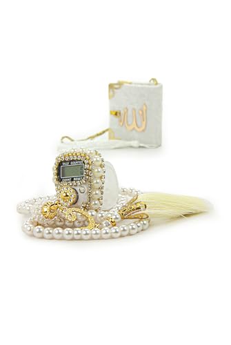 ihvan online Mini Velvet Quran Set with Islamic Finger Counter, Portable Digital Tasbeeh, Muslim Prayer Beads, Pearl Zikirmatic Beads, 3 Pieces Gift Set for Mevlüt (Cream Box) - color: Cream Box