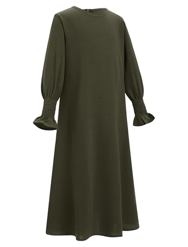OBEEII Abaya for Girls Muslim Long Sleeve Prayer Dress Ramadan Kaftan Abaya with Hijab Islamic Clothing Arabic Eid Robe - color: Army Green, size: 11-12 Years
