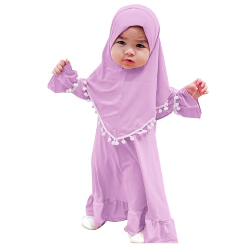 ODASDO Newborn Infant Baby Girls Prayer Dress Muslim Clothes for Toddler Kids Long Sleeve Abaya with Hijab Two Piece Set - color: Lilac, size: 0-6 Months