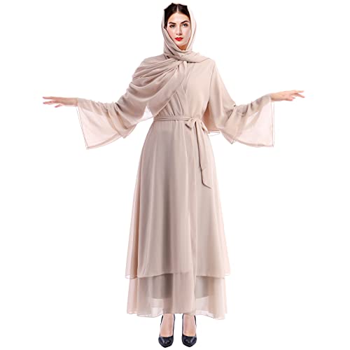 Abayas for Women Muslim Dubai Dress Solid Loose Fit Long Cardigan Islamic Kaftan Robe Open Front Maxi Length - color: Khaki Set, size: X-Large