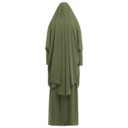 Prayer Clothes for Muslim Women Islamic Abaya Suit Maxi Skirt + Khimar Hijab 2pcss Burka Jilbab Kaftan - color: Army Green