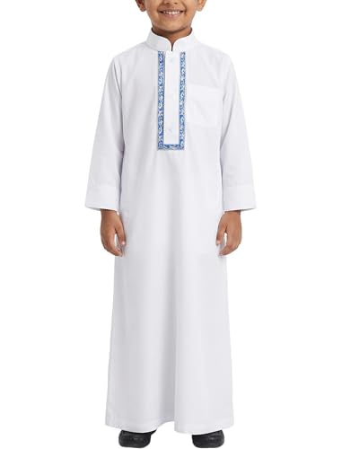 FYMNSI Kids Boys Thobe Muslim Prayer Clothes Saudi Dubai Robe Kaftan with Pockets Dishdasha Islamic Eid Ramadan Outfits 5-10T - color: White, Blue, size: 6-7 Years