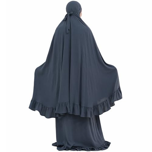 2PCS Women Muslim Prayer Abaya Dress Ruffle Trim Side Pockets with Khimar - color: Dark Gray, size: Large