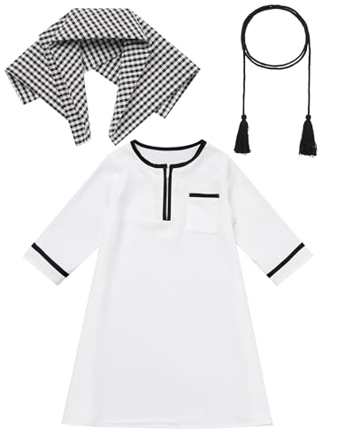 IDOPIP Muslim Baby Boys Prayer Clothes Kaftan Thobe Arabic Islamic Abaya Dubai Robe with Head Scarf + Rope Ramadan Eid Outfit - color: White + Black, size: 6-12 Months