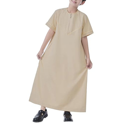 Boys Short Sleeve Muslim Thobes Islamic Kids Half Zipper Eid Traditional Prayer Kaftan Thobes Toddler Abaya Clothes - color: Beige, size: 5-6 Years