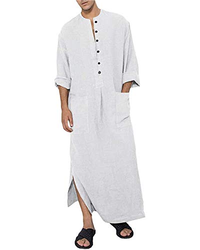 Jacansi Men's Button up Cotton Robe Long Sleeve Kaftan Thobe Long Gown Casual Shirt for Beach - color: 01-white, size: Medium