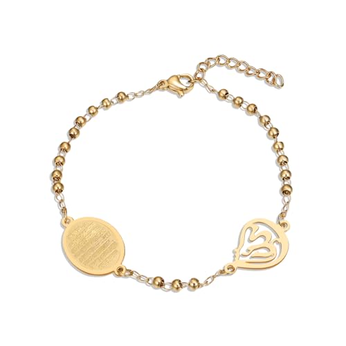Cupimatch Women Allah Beaded Bracelet: Adjustable Double Chain Islamic Jewelry with Arabic Calligraphy for Muslim Women, Spiritual Protection Gift - color: gold