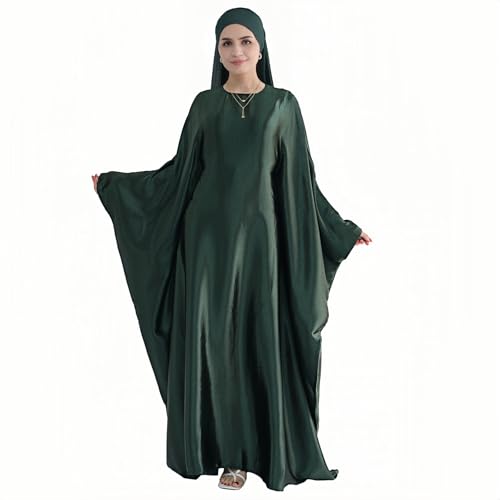 Abaya Muslim Women Dress Satin Batwing Sleeve Kaftan Maxi Arabian Dubai Islamic Ramadan Prayer Dress with Hijab Scarf - color: Dark Green