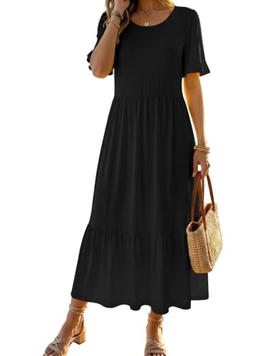 Zeagoo Womens Summer Dresses 2026 Casual Midi Dress Flowy Sundress Ruffle Short Sleeve Tiered Dresses A Line Boho Dress - color: A-black, size: Small