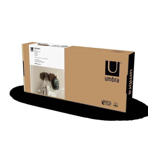 Umbra Picket Coat Rack, Wall Mount 5 Flip-Down Coat Hooks, Walnut | Beveled pine wood dowels, supports up to 5 lbs, mounting hardware included, space saving - color: Walnut, size: 5-Hook