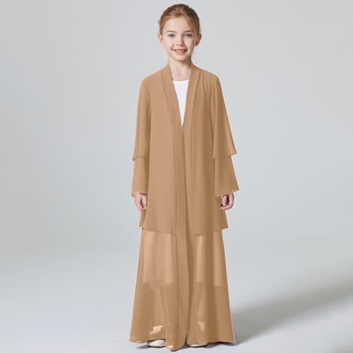 Kids Abaya Dress for Girls Muslim Dress with Hijab Chiffon Layered Open Front Cardigan Ramadan Eid Kaftans Dubai Outfit - color: Khaki, size: 7-8 Years